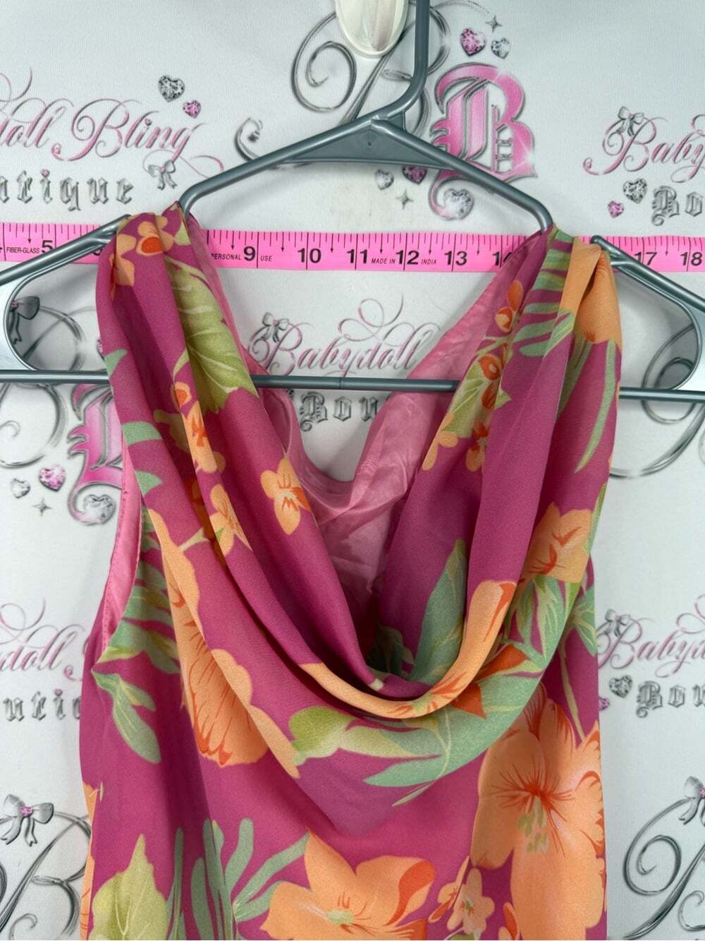 Dress Y2K long maxi flower Floral Cowl Neck Maxi Dress - Pink with Orange Floral - Picture 5 of 10